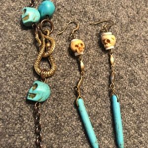 Genuine turquoise+bone necklace/earrings,skull